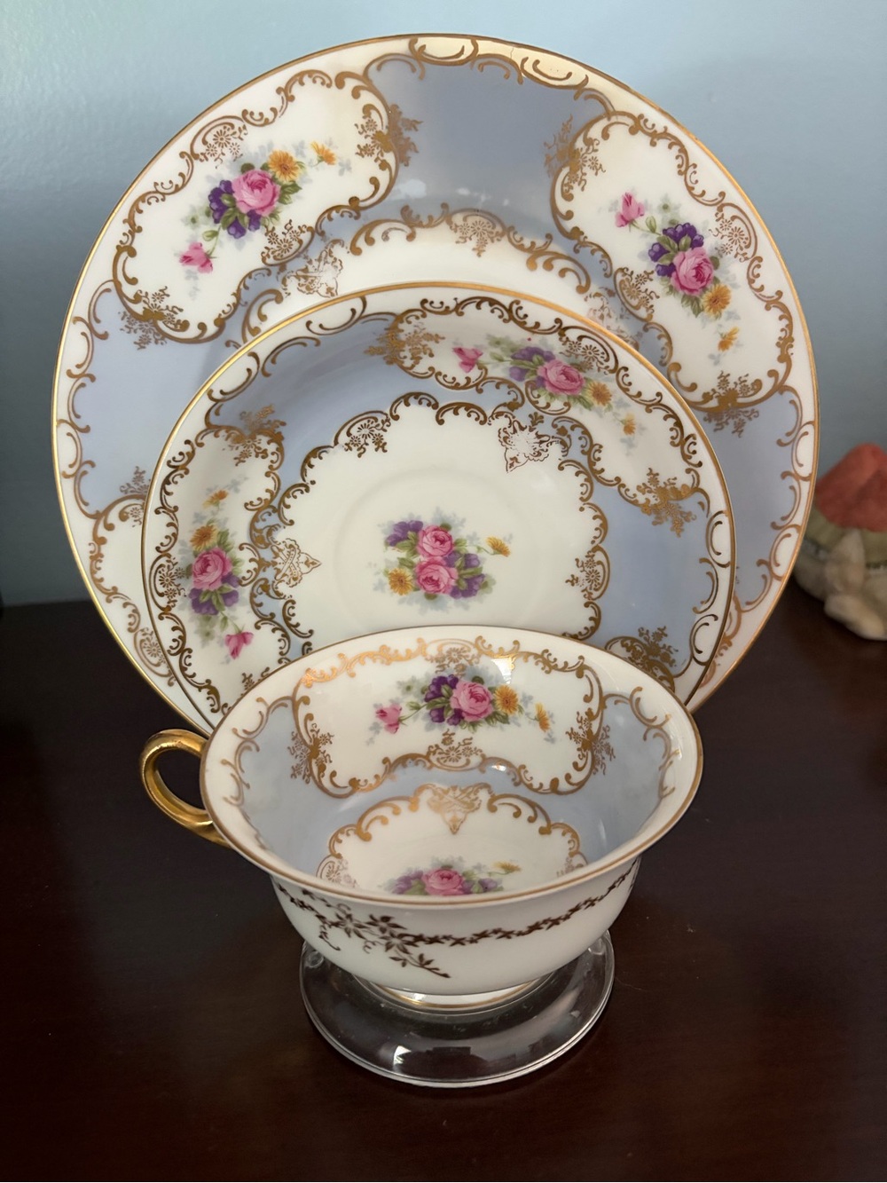Vintage Rosenthal Blue, White and Gold Floral Tea Cup, Saucer & Plate Trio